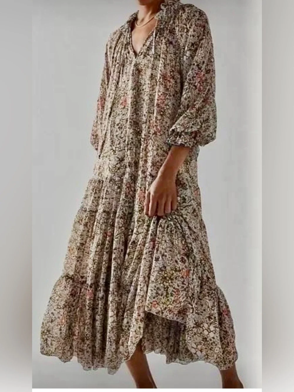 Free People Feeling Groovy Floral Ruffled Maxi Dress Soft Blue, Cream Size L